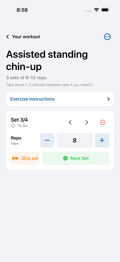 Ambl Active Session showing a set with reps, Skip set, and Next Set controls