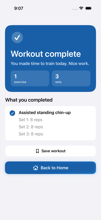 Ambl Workout complete screen with a factual summary of completed work