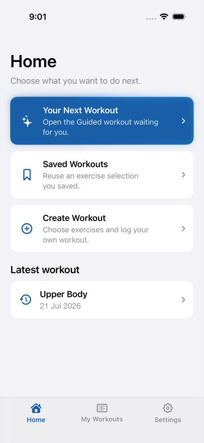 Ambl Home showing Your Next Workout, Saved Workouts, and Create Workout